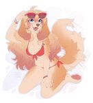  absurd_res anthro bikini bird_dog blonde_hair blue_eyes bracelet breasts canid canine canis clothed clothing cocker_spaniel domestic_dog eyewear eyewear_on_head female floppy_ears fluffy fluffy_tail fur hair hi_res hunting_dog jewelry kyotoleopard long_ears long_hair mammal open_mouth partially_clothed pawpads pink_pawpads smile solo spaniel sunglasses sunglasses_on_head swimwear tail tan_body tan_fur 