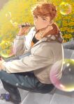  1boy alternate_costume blonde_hair bubble_blowing bubble_pipe casual collarbone floral_background flower full_body gradient_hair granblue_fantasy green_eyes higashigunkan holding hood hood_down hoodie light long_sleeves looking_at_viewer male_focus multicolored_hair open_clothes open_hoodie outdoors pants pectorals shoes short_hair sitting sitting_on_stairs solo stairs toned toned_male vane_(granblue_fantasy) yellow_flower 