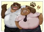  2023 anthro bear belly big_belly bottomwear brown_body clothing duo embrace hi_res hug kemono male male/male mammal necktie obese obese_male one_eye_closed overweight overweight_male pants shirt suid suina sus_(pig) topwear wild_boar wink yanununununu 