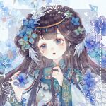 1girl aqua_collar blue_background blue_eyes blue_flower blue_robe blunt_bangs brown_hair chinese_clothes chinese_text dangle_earrings earrings english_text eyelashes feather_hair_ornament feathers flower flower_request hair_flower hair_ornament hair_rings hanfu head_tilt hehe_qishui high_collar holding holding_flower holding_own_hair jewelry light_blush lipstick long_hair long_sleeves makeup mixed-language_text mole mole_under_eye orange_nails original parted_lips red_lips robe sample_watermark sidelocks smile solo source_request straight_hair third-party_source upper_body watermark weibo_logo weibo_username wide_sleeves 