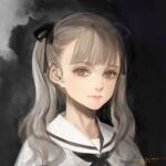  1girl black_neckerchief black_ribbon brown_eyes close-up commentary_request dark_background dated expressionless grey_hair grey_shirt hair_ribbon highres long_hair looking_at_viewer neckerchief original oyari_ashito portrait ribbon sailor_collar shirt sign sketch solo twintails 