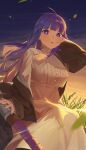  1girl absurdres arm_behind_head black_robe blunt_bangs blurry breasts commentary depth_of_field fern_(sousou_no_frieren) floating_hair highres large_breasts long_hair looking_at_viewer mm_(mhm2592) outdoors purple_eyes purple_hair robe shirt shirt_tucked_in sidelocks sitting skirt solo sousou_no_frieren staff very_long_hair white_shirt white_skirt 