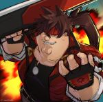  1boy bandana black_gloves black_shirt brown_hair cleft_chin cosplay english_text family_guy fat fat_man fingerless_gloves gloves guilty_gear highres holding holding_sword holding_weapon jacket kowai_(iamkowai) looking_at_viewer male_focus peter_griffin ponytail red_bandana red_eyes red_jacket shirt sol_badguy sol_badguy_(cosplay) solo spiked_hair sword weapon 