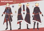  1boy asymmetrical_horns back belt blonde_hair boots coat commentary_request demon_horns devil_move_heart_(project_sekai) earrings fingerless_gloves from_side full_body gloves gradient_hair hair_over_shoulder highres horns jewelry long_sleeves looking_at_viewer male_focus multicolored_hair multiple_views official_alternate_hair_length official_alternate_hairstyle open_clothes open_coat orange_eyes orange_hair ponytail project_sekai raika_(bc1rub8tpr5jp2l) scramble_fan_festa!_(project_sekai) shoelaces single_earring smile standing teeth tenma_tsukasa translation_request turnaround twitter_username 