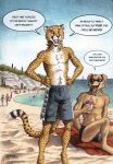  0laffson anthro anxious_cheet_(0laffson) beach bottomwear canid canine canis cheetah clothing digitigrade domestic_dog duo felid feline hi_res male mammal seaside shirtless shorts support_doggo_(0laffson) trans_(lore) trans_man_(lore) 