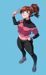  1girl black_giraffe black_leggings blue_background blush brown_eyes brown_hair d.va_(overwatch) full_body headphones highres leggings looking_at_viewer navel overwatch overwatch_2 ponytail shirt shoes smile solo standing t-shirt twitter underwear v 