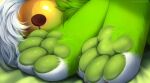  ambiguous_form ambiguous_gender ambiguous_species bell bloominglynx claws feet foot_focus fur glistening glistening_pawpads green_body green_fur green_pawpads paw_tuft pawpads solo toe_claws white_toes 