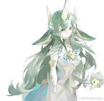  1girl animal_ears artist_name brooch closed_mouth cowboy_shot detached_sleeves eteru expressionless gem green_brooch green_eyes green_hair hair_between_eyes highres horns jewelry league_of_legends looking_at_viewer official_alternate_costume official_alternate_hairstyle sidelocks simple_background single_horn solo soraka_(league_of_legends) star_guardian_(league_of_legends) star_guardian_pet star_guardian_soraka white_background 