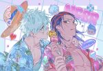  2boys barou_shouei black_hair blue_eyes blue_lock blue_shirt bomber_tarou food hat hawaiian_shirt highres holding holding_another&#039;s_wrist holding_food ice_cream ice_cream_cone looking_at_another male_focus medium_hair multiple_boys nagi_seishirou open_clothes open_mouth open_shirt red_eyes red_hair red_shirt shirt short_hair straw_hat tongue tongue_out white_hair yaoi 