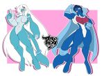  4_fingers anthro blue_body blue_hair breasts cape clothing duo female fingers finizen generation_9_pokemon gloves hair handwear muscular nintendo palafin palafin_(hero_form) pokemon pokemon_(species) red_eyes simple_background tail tattoorexy white_eyes white_hair 