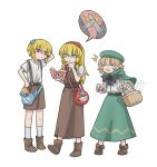  1boy 2girls ^^^ basket beret black_bow black_bowtie black_souls blonde_hair blue_bag blue_eyes blue_flower book bow bowtie bread brother_and_sister brown_dress brown_footwear brown_shorts capelet dress elma_(black_souls) flower food green_capelet green_headwear green_skirt gretel_(black_souls) hair_flower hair_ornament hansel_(black_souls) hat highres holding holding_book light_brown_hair looking_at_another multiple_girls open_mouth otoko_no_ko rabbit_king red_bag red_eyes red_flower shirt shirt_tucked_in short_hair short_sleeves shorts siblings simple_background skirt speech_bubble suspender_shorts suspenders sword twins weapon white_background white_shirt 
