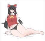  1girl ascot bare_legs barefoot black_hair black_panties bow detached_sleeves frills groin hair_between_eyes hair_bow hair_tubes hakurei_reimu highres long_hair lying mata_(matasoup) midriff_peek mole mole_on_thigh navel no_pants panties red_bow solo sweatdrop touhou underwear yellow_ascot 