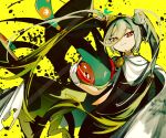  1girl cape closed_mouth double_bun floating_hair flygon gloves green_hair ground_miku_(project_voltage) hair_between_eyes hair_bun hand_up hatsune_miku highres liangle long_hair looking_at_viewer pokemon pokemon_(creature) project_voltage red_eyes smile standing twintails very_long_hair vocaloid white_cape white_gloves yellow_background 