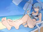  1girl barefoot beach beach_umbrella blue_eyes blue_hair blue_nails blue_sky breasts cleavage commentary drink feet fingernails foot_focus highres holding holding_drink hololive hoshimachi_suisei ocean outdoors sand sky smile softhanten soles solo toenails toes umbrella water 