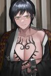  1girl arm_tattoo black_hair black_kimono breast_tattoo breasts closed_mouth crossed_arms cuffs genderswap genderswap_(mtf) handcuffs haori highres japanese_clothes kimono large_breasts looking_at_viewer moray_of_bone one_piece open_clothes open_kimono partially_undressed short_hair smirk solo tattoo trafalgar_law yellow_eyes 