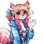  accessory anakoluth anakoluth_(character) animal_humanoid anthro big_(disambiguation) big_breasts blonde_hair blue_eyes bow_ribbon breasts canid canid_humanoid canine canine_humanoid caninu canis cleavage clothed clothing curled_tail cyberconnect2 ear_piercing eyewear female female/female fur furry gesture glasses hair hair_accessory hair_bow hair_ribbon hoodie humanoid kemono little_tail_bronx mammal mammal_humanoid piercing ribbons round_glasses smile smiling_at_viewer solo tail topwear waving waving_at_viewer yellow_body yellow_fur yellow_tail 