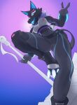  anthro breasts camel_toe canid canine canis claws clothed clothing epic_games female fortnite gesture glowing glowing_mouth hi_res low-angle_view mammal otterbits pack_leader_highwire ring_(jewelry) solo staff tight_clothing toe_claws v_sign wolf 