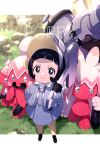  1girl black_footwear black_gloves black_hair blunt_bangs blurry blurry_background blush character_name closed_mouth commentary_request echo_(circa) evolutionary_line gloves grass grey_headwear grey_jacket grey_shirt grey_skirt hand_on_hip hand_up holding jacket open_clothes open_jacket pantyhose pokemon pokemon_(creature) pokemon_(game) pokemon_sv poppy_(pokemon) shirt shoes short_hair skirt smile standing tinkatink tinkaton tinkatuff visor_cap yellow_pantyhose 