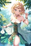  1girl :d bead_necklace beads blonde_hair braid circlet commentary_request crown_braid dress earrings green_dress jewelry layered_dress looking_at_viewer necklace official_alternate_costume outdoors parted_bangs patreon_username pointy_ears princess_zelda sebu_illust smile solo the_legend_of_zelda the_legend_of_zelda:_tears_of_the_kingdom white_dress 
