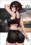  1girl artist_logo ass back blurry blurry_background blush cowboy_shot crop_top dizzle highres looking_at_viewer looking_back makeup mascara outline red_hair ruby_rose rwby short_hair smile solo sportswear v 