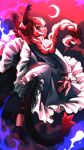  1girl absurdres animal_ear_fluff animal_ears blue_fire braid cat_ears cat_tail claws dress fingernails fire frilled_dress frills highres hitodama jumping kaenbyou_rin looking_back moon red_background red_eyes red_hair sharp_fingernails slit_pupils solo star_(sky) tail touhou twin_braids zuomerika 