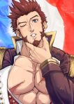  1boy bara blue_eyes brown_hair cross_scar epaulettes facial_hair fate/grand_order fate_(series) fringe_trim gatta_(gatta_reve_cat) goatee hand_on_own_chin highres huge_pectorals jacket long_sideburns long_sleeves looking_at_viewer male_focus mature_male muscular muscular_male napoleon_bonaparte_(fate) one_eye_closed open_clothes open_jacket partially_unbuttoned pectoral_cleavage pectoral_flexing pectorals puckered_lips scar scar_on_chest seductive_smile short_hair sideburns smile solo sparkle stroking_own_chin thick_eyebrows upper_body 