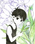  1girl black_eyes black_hair closed_mouth collarbone colored_skin fingernails floral_background flower highres holding holding_flower leaf light_frown male_focus no_sclera omocat omori omori_(omori) short_hair solo tank_top tulip upper_body white_background white_flower white_skin white_tulip 