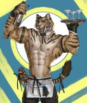  2023 abs abstract_background alexxxnttt anthro bottle bow_tie clothed clothing cocktail_glass container cup drinking_glass felid fingerless_gloves glass glass_container glass_cup gloves handwear hi_res male mammal muscular open_mouth pantherine solo stripes tiger topless 
