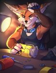  anthro blizzard_entertainment canid canine explosives eyewear fennec fox goggles hi_res jasper_tinkerton_(characters) male mammal piercing scar solo space_station_13 teallinum tools vulpera warcraft workshop 