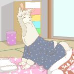  alpaca anthro camelid clothed clothing ekaki510 eyes_closed female kemono long_neck mammal pijama solo tired waking_up 