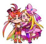  &gt;_&lt; 1boy 1girl 2ekuse bow brooch chibi commentary cure_butterfly cure_wing earrings gloves hair_bow hat hijiri_ageha hirogaru_sky!_precure hug jewelry long_hair magical_boy magical_girl mini_hat mini_top_hat open_mouth orange_gloves orange_hair parted_bangs pink_eyes ponytail precure puffy_sleeves simple_background skirt smile top_hat very_long_hair white_background wing_brooch wing_hair_ornament yuunagi_tsubasa 