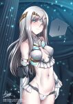  1girl adsouto arm_at_side blue_eyes breasts circlet elbow_gloves fate/grand_order fate_(series) galatea_(fate) gloves glowing glowing_eyes hand_on_own_hip highres long_hair looking_at_viewer navel pale_skin revealing_clothes signature small_breasts white_hair 