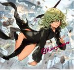  1girl :d bare_legs black_dress breasts city collared_dress commentary_request curly_hair dress floating floating_clothes full_body green_eyes grey_hair groin kuroganezero long_sleeves looking_at_viewer medium_hair mixed-language_commentary one-punch_man open_mouth perspective shiny_skin small_breasts smile solo spanish_commentary tatsumaki telekinesis twitter_username wide_sleeves 