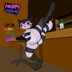  alcohol anthro beverage blush boots boots_only clothing drunk female footwear footwear_only fur furret generation_2_pokemon genitals hi_res mostly_nude musk nintendo pawpads paws pokemon pokemon_(species) pussy raised_leg red_eyes solo stool_(chair) striped_body striped_fur stripes substance_intoxication tesla_arts tesla_furret 