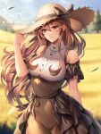  1girl arm_up bare_shoulders black_bow blurry blurry_background blush bow breasts brown_eyes brown_hair brown_headwear brown_skirt closed_mouth commission day depth_of_field hat hat_bow high-waist_skirt highres large_breasts long_hair looking_at_viewer milcho original outdoors showgirl_skirt skeb_commission skirt smile solo straw_hat 