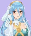  1girl aqua_dress azura_(fire_emblem) azura_(resplendent)_(fire_emblem) bare_shoulders blue_hair brown_eyes commentary commission dress fire_emblem fire_emblem_fates fire_emblem_heroes gloves highres long_hair looking_at_viewer off-shoulder_dress off_shoulder official_alternate_costume parted_lips purrlucii solo upper_body veil very_long_hair white_gloves 