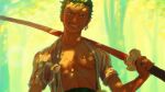  1boy bare_pectorals green_hair grin looking_at_viewer male_focus nipple_slip nipples official_alternate_costume one_piece open_clothes open_shirt over_shoulder pectorals razel_v0 roronoa_zoro short_hair smile solo sword sword_over_shoulder toned toned_male tree_shade upper_body weapon weapon_over_shoulder 