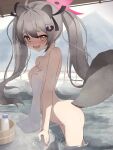  1girl absurdres ahoge animal_ears arched_back bitseon blue_archive blush breasts cowboy_shot grey_hair halo highres long_hair looking_at_viewer michiru_(blue_archive) naked_towel onsen open_mouth pink_halo raccoon_ears raccoon_hair_ornament raccoon_tail small_breasts solo steam tail towel twintails wading water white_towel yellow_eyes 