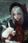  1girl ascot bloodborne blue_eyes bonnet doll_joints eyelashes gothic highres jewelry joints lips long_hair pendant plain_doll rabbit red_ascot sangrde signature solo upper_body web_address white_hair 