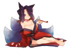  1girl animal_ear_fluff animal_ears arm_support bare_shoulders barefoot black_hair breasts brown_eyes cleavage feet fox_ears fox_girl fox_tail hair_over_one_eye japanese_clothes kimono large_breasts leaning_to_the_side legs long_hair multiple_tails off_shoulder official_art red_kimono rimukoro sewayaki_kitsune_no_senko-san sitting sleeves_past_wrists smile smoking_pipe solo sora_(sewayaki_kitsune_no_senko-san) tail thighs toes 