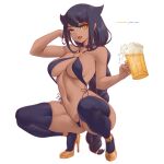  1girl absurdres alcohol bare_shoulders beer beer_mug bikini black_thighhighs braid braided_ponytail breasts commentary cup dark-skinned_female dark_skin fang foreshortening hair_flaps hands_up high_heels highleg highleg_bikini highres holding holding_cup jahy jahy-sama_wa_kujikenai! linea_alba long_hair looking_at_viewer medium_breasts melowh mug navel o-ring o-ring_top open_mouth partially_visible_vulva patreon_username smile solo squatting swimsuit thick_thighs thighhighs thighs very_long_hair 