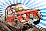  2girls car castrol commentary_request fiat fiat_126 highres kaban_(kemono_friends) kaito_(stop404man) kemono_friends license_plate motor_vehicle multiple_girls open_mouth serval_(kemono_friends) 