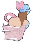  anthro bent_over big_butt big_ears blue_body blue_eyes blue_fur bored bottomwear butt clothing female fur half-closed_eyes hi_res humanoid iaredumbo looking_away mammal mia_mouse mouse murid murine narrowed_eyes office_lady raised_tail rodent sitting skirt solo tail 