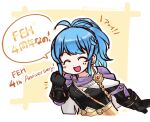  1girl arm_up betabetamaru black_gloves blue_hair cape clenched_hand closed_eyes facing_to_the_side fire_emblem fire_emblem_heroes gloves high_ponytail open_mouth purple_cape reginn_(fire_emblem) smile solo upper_body 