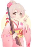  1girl brown_eyes commentary flower gun hair_bun hair_flower hair_ornament hair_up highres holding holding_gun holding_weapon holly_hair_ornament japanese_clothes kimono light_blush looking_at_viewer obi onii-chan_wa_oshimai! oyama_mahiro pink_hair pink_kimono sash simple_background smile solo v weapon white_background yeeee_chen 