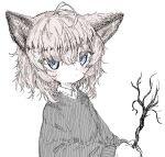  1girl ahoge alternate_costume animal_ears arknights blue_eyes blush branch closed_mouth collared_shirt fox_ears fox_girl grey_hair grey_sweater highres holding holding_branch long_sleeves looking_at_viewer reitoubeef shirt simple_background solo sussurro_(arknights) sweater white_background white_shirt 