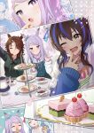  4girls anbutter_siruko animal_ears aqua_bow black_tea blue_hair blush bow brown_hair cake closed_eyes closed_mouth cup daitaku_helios_(umamusume) dress ear_bow eating fang food green_dress green_shirt hair_between_eyes hair_ornament hairclip highres holding holding_food horse_ears horse_girl light_purple_hair long_hair long_sleeves medium_hair mejiro_ardan_(umamusume) mejiro_mcqueen_(umamusume) mejiro_palmer_(umamusume) multiple_girls one_eye_closed open_mouth pinafore_dress purple_eyes shirt skin_fang sleeveless sleeveless_dress smile tea twitter_username umamusume white_shirt yellow_eyes 