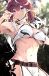  1girl arknights armpits belt black_belt breasts cleavage fingernails hair_between_eyes highres kirin_(armor) kirin_x_yato_(arknights) kyuu_(plastic_night_q) long_hair looking_at_viewer medium_breasts midriff mole mole_under_eye monster_hunter_(series) multicolored_hair navel pointy_ears red_hair solo two-tone_hair white_hair yato_(arknights) 