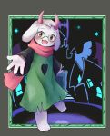  1boy absurdres animal animal_ears castle deltarune fluffy furry furry_male green_tunic heart highres horns illustrattyako open_mouth pink_scarf ralsei scarf undertale white_fur 