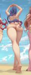  3girls ass bare_shoulders beach bikini blue_hair breasts brown_hair curvy highres huge_breasts legs long_hair multiple_girls noaqin ponytail red_hair solo_focus swimsuit taimanin_(series) thick_thighs thighhighs thighs tiptoes uehara_rin volleyball_net 